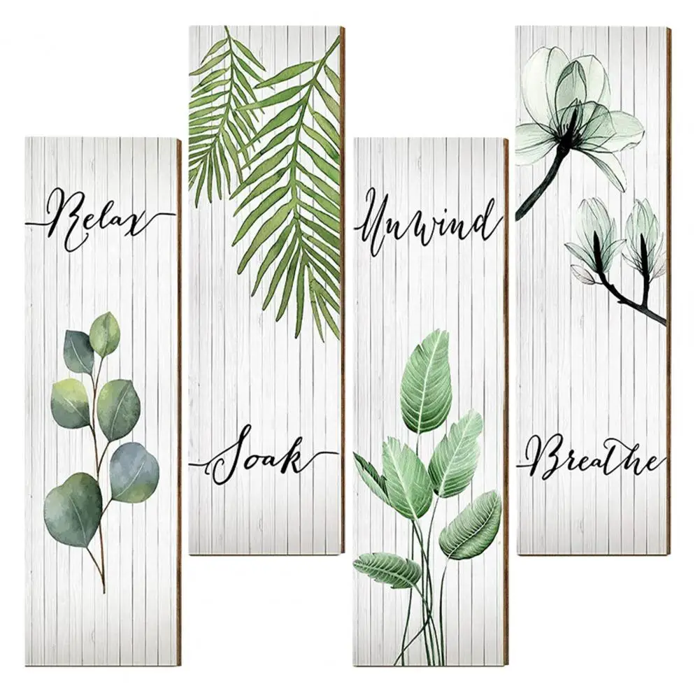 Hanging Ornaments Wooden Bathroom Wall Decor 4pcs Plant Print Ornaments with Hooks