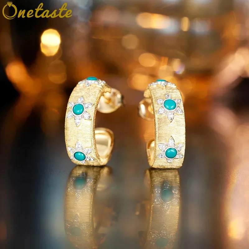 

Серьги-кольца из серебра 925 пробы с позолотой, матовой отделкой, бирюзовым цветком и крупными элементами, для женщин, с кубическим цирконием, винтажные, в стиле дворцовой моды, подарок