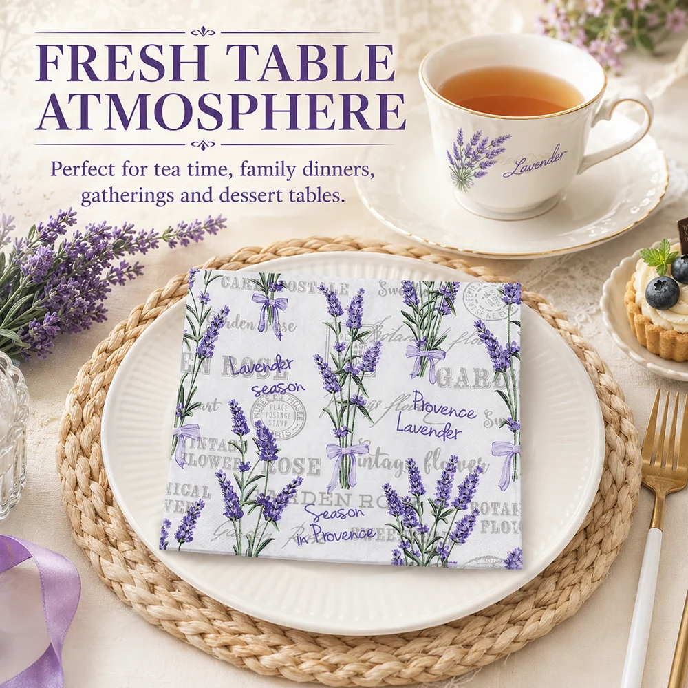 French Lavender Floral Paper Napkins 40Pcs 2-Ply Disposable Napkins for Tea Party Wedding Birthday Table Decor