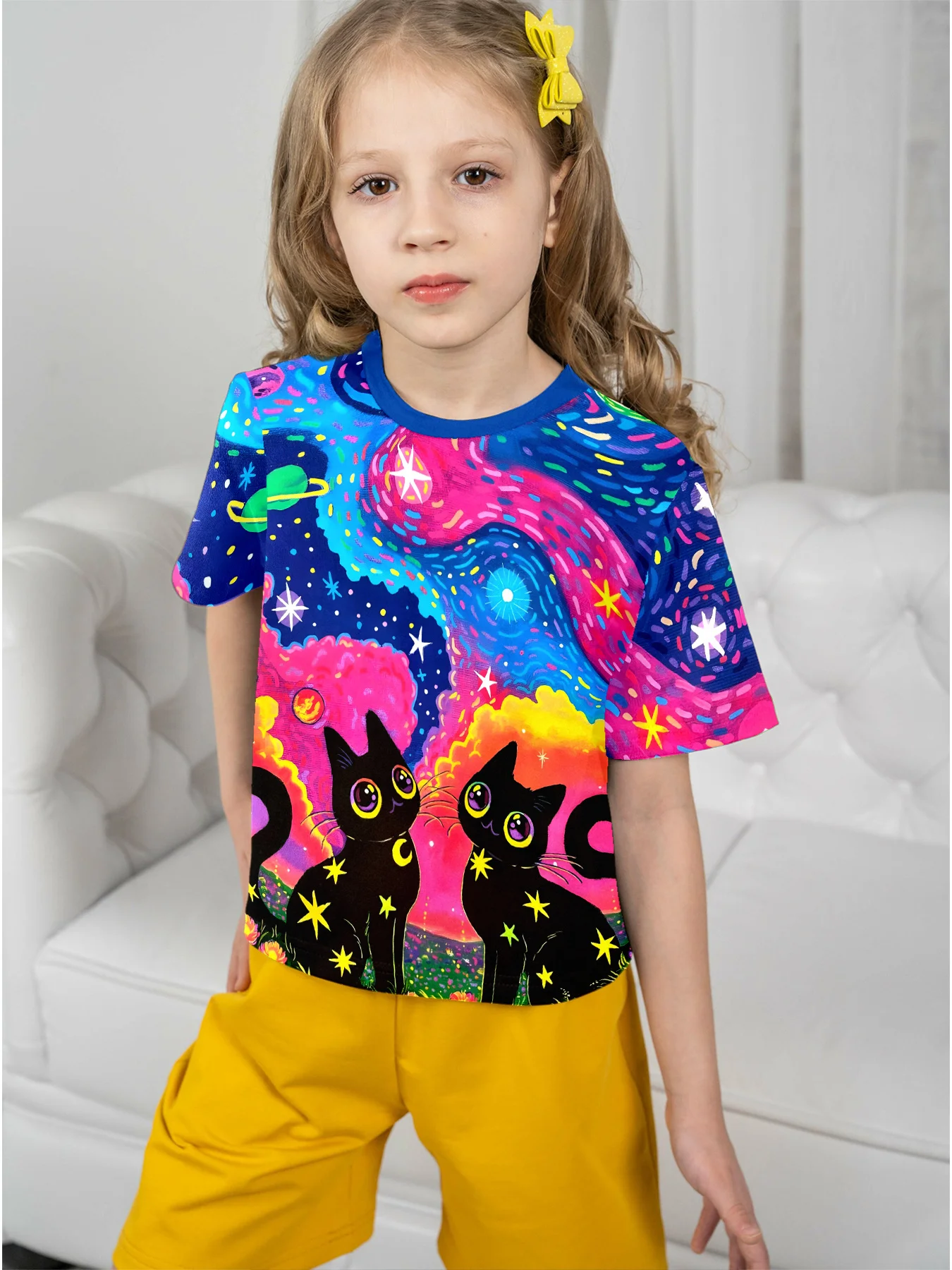Cosmic Galaxy Black Cat Print Girls T-Shirt, Bright Multicolor Space Crew Neck Short Sleeve Summer Toddler Top