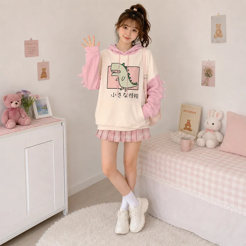 Niedlicher Dinosaurier-Hoodie mit Cartoon-Grafik, Pullover-Sweatshirt, Langarm, Oversized, Casual Y2K Streetwear Kapuzenpullover – Detail 12
