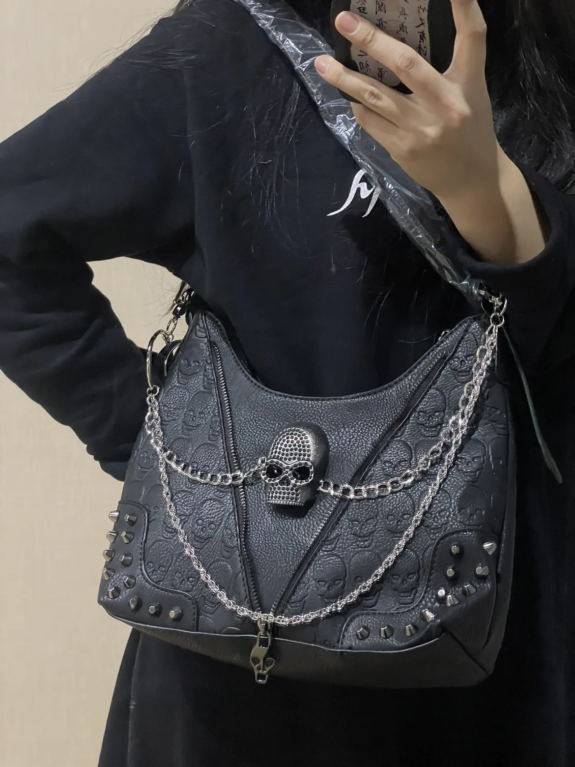 Bolsa de couro gótico preto, versátil Crossbody Bag, Punk Mensagem Tote Bags, Y2K, Diário