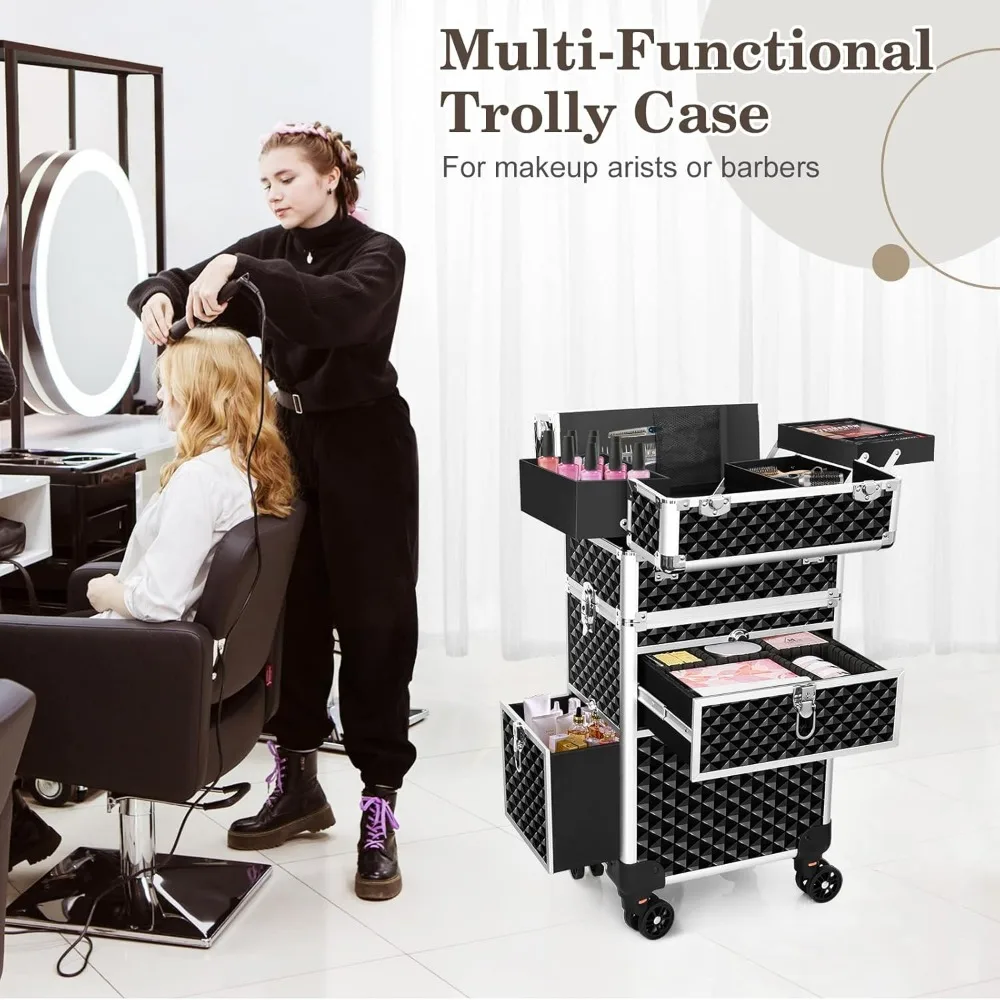 Professional Rolling Makeup Train Case, Multi-functional Cosmetic Trolley with 360° Swivel Wheels Keys, Large Storage Traveling