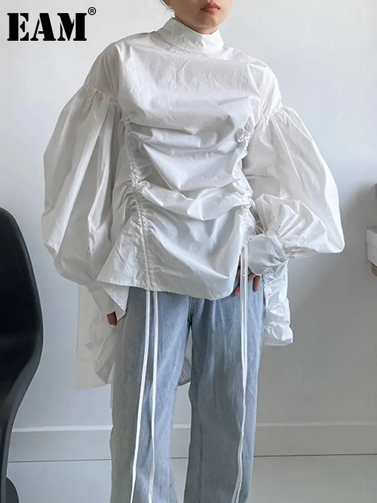 EAM Women Irregular Drawstring Big Size White Blouse New Stand Collar Long Sleeve Shirt Fashion Tide Autumn 2026 1Z189
