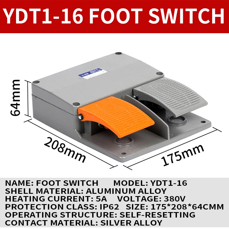 YDT1-16 Aluminum Alloy Foot Pedal Switch AC 380V 6A Double with KH9011 Core Silver Contact