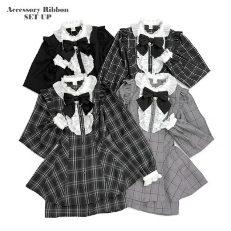 Sweet Women Outfits SC Suit Japanese Mine Plaid Long Sleeve Dress Shorts Love Heart Bow Chain Mass-Produced Dress Shorts Sets