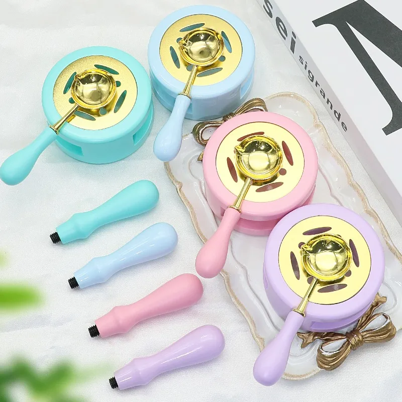 Wax Seal Furnace Kit, Wooden Melting Stove with Colorful Macaron Wax Spoons Handles, Complete Wax Seal Stamp Accessory Set