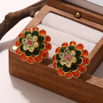 Vintage Geometric Rhinestone Gold Color Enamel Flower Stud Earrings
