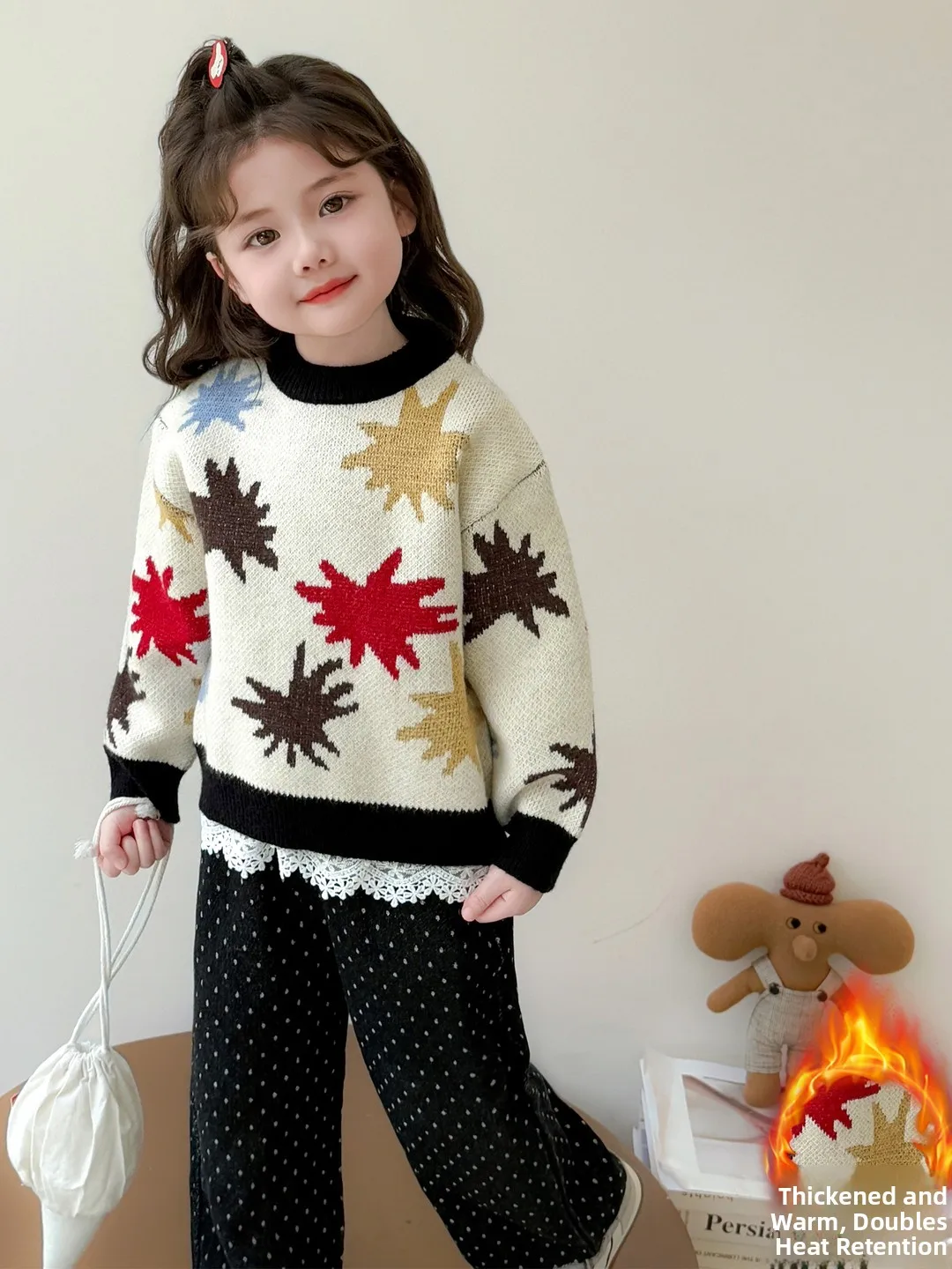 Thiened suéter de malha para meninas redondo ne overhead design de desenho animado outono inverno novo sle base de lã quente irt