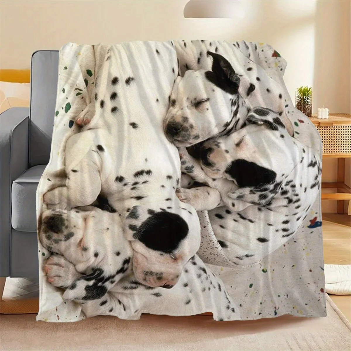 1pc Extra Large Flannel Throw Blanket, Cute Dalmatian Puppy Print, for Bedroom Living Room Sofa, Gift for Family Friends
