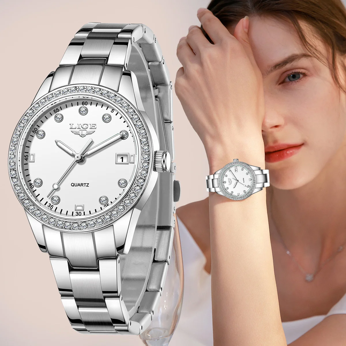 LIGE New Luxury Quartz Watch for Women Fashion Elegant Diamond Dial Ladies Watches Stainless Steel Waterproof Women's Wristwatch