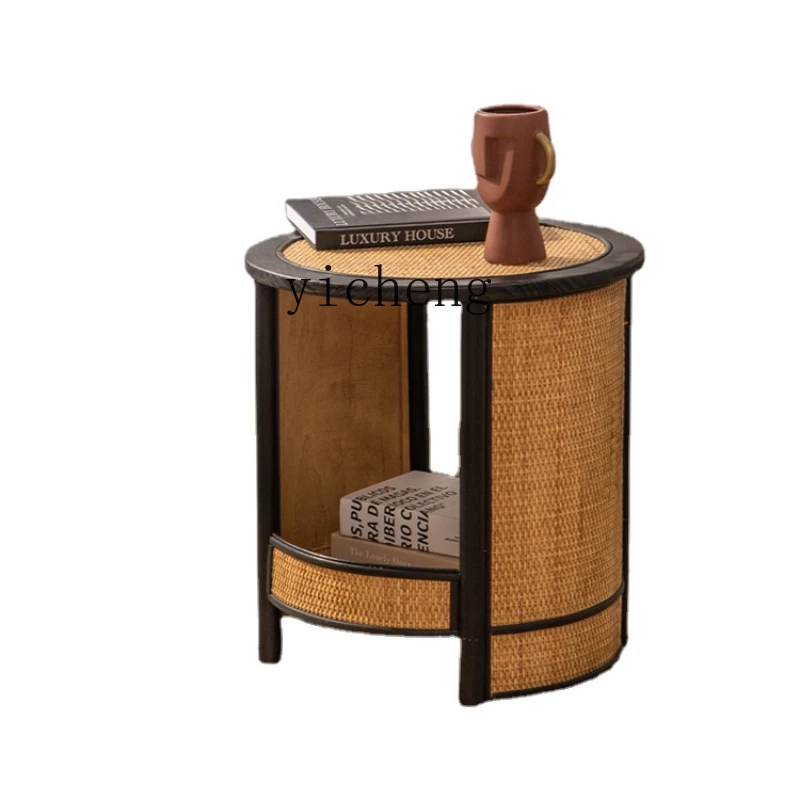 

Zk Rattan Double-Layer Tea Table Modern Minimalist round Small Apartment Tea Table Living Room Home