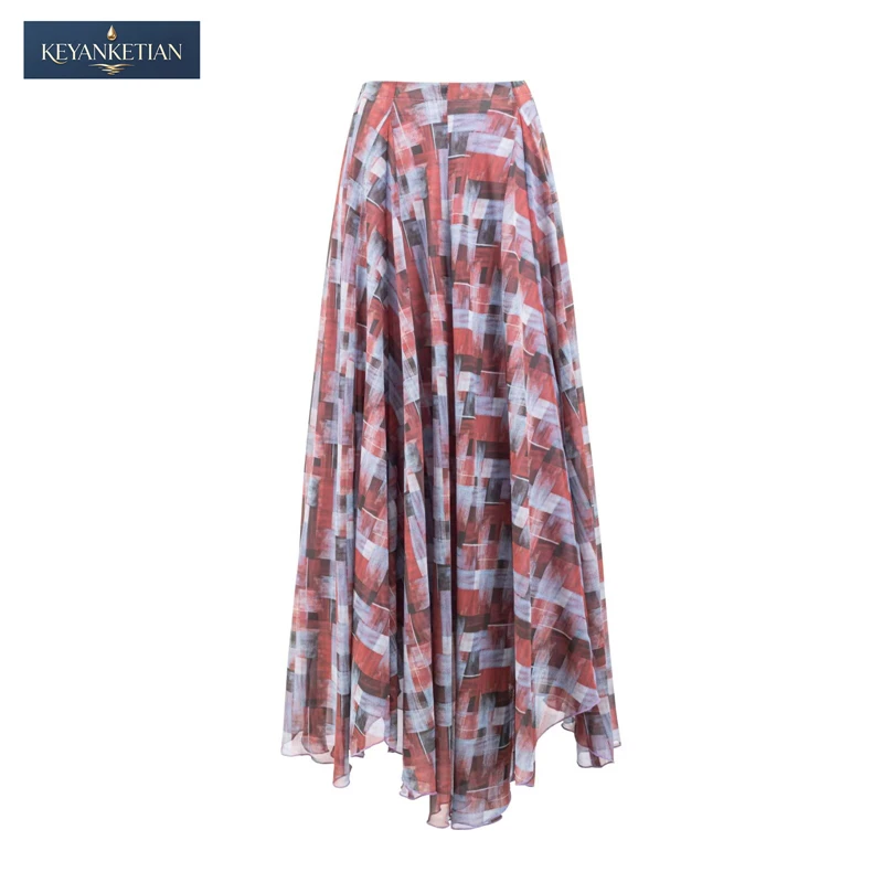 KEYANKETIAN 2026 Summer Fashion Tiered Midi Skirt High Waist Multicolor Geometric Motif, A-Line Cut & Flowy Chiffon Skirt