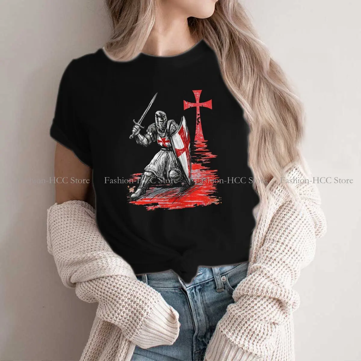 Templar Knight Polyester TShirt for Women Long Red Cross Basic Leisure Tee T Shirt Novelty Trendy