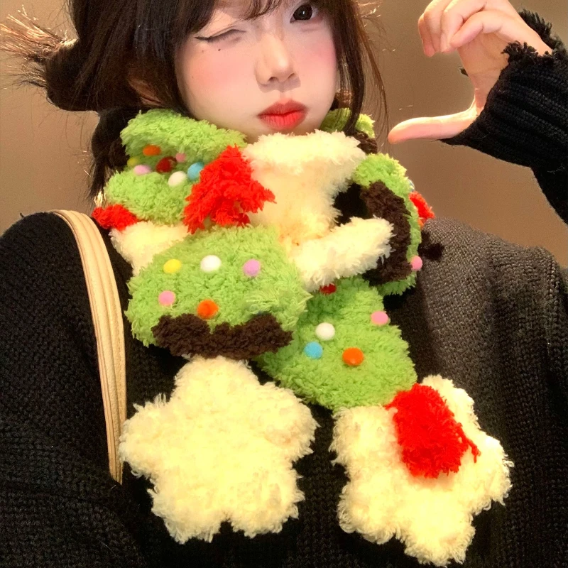 لطيف شجرة عيد الميلاد نجوم المرجان المخملية وشاح محبوك يدويا شتاء ياباني جديد دافئ وشاح الزخرفية السنة الجديدة هدية وشاح