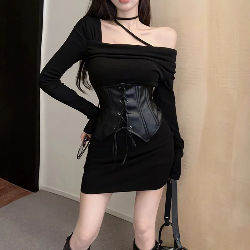 Autumn Winter Black One Off Shoulder Sexy Y2k Style Dress Women Korean Design Sense Chic Party Dresses Aesthetic Retro Clothes