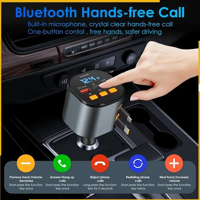 

A93P Retractable Car Charger, Bluetooth FM Transmitter Adapter, Handsfree Call Car Charger, 5-In-1 Fast Car Phone Charger