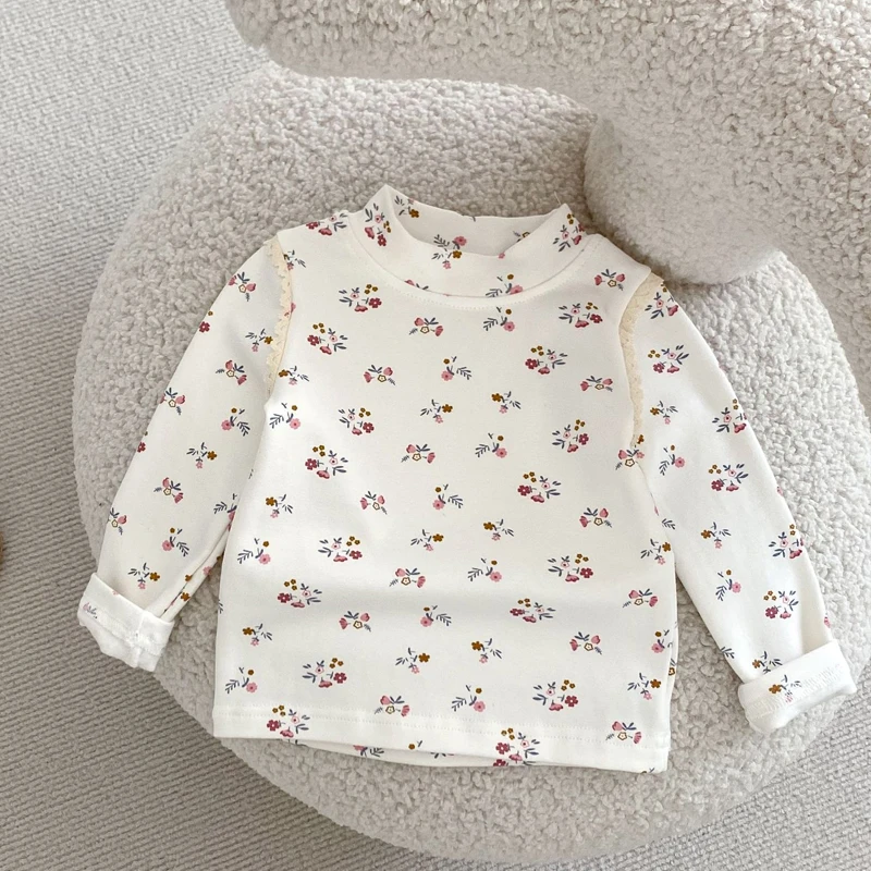 

Новая Осенняя детская одежда, универсальная детская Базовая рубашка с цветочным принтом и полувысоким воротником для девочек 0-7 лет