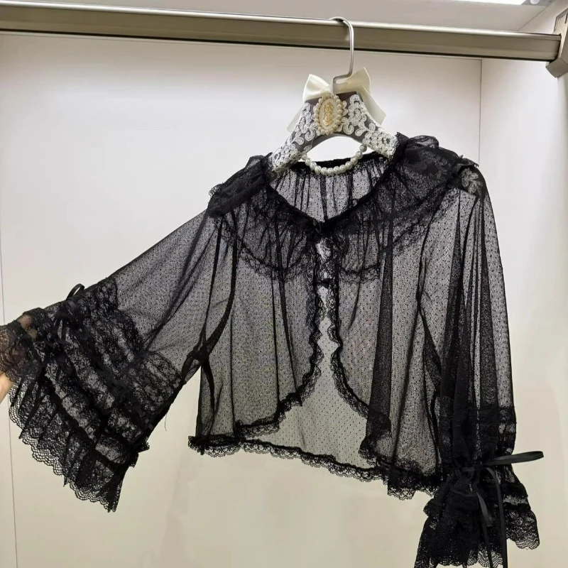 

Japanese Vintage Elegant Lolita Shirts Women Sweet Long Sleeve Ruffles Bow Casual Blouses Tops Victorian Gothic Y2k Mesh Blusas