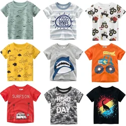 2-9 Years Boys T-Shirt Cartoon Animals Baby Kids Children Cotton Short Sleeves Summer Clothing Car Dinosaur Shark Printing