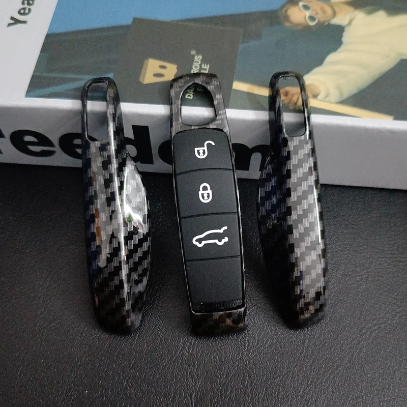 Kohlefaser-Stil für Porsche Panamera Macan 718 Taycan 911 Cayman Boxster 971 Fernbedienung Autoschlüsseletui Abdeckung Fob Button Pad Optional