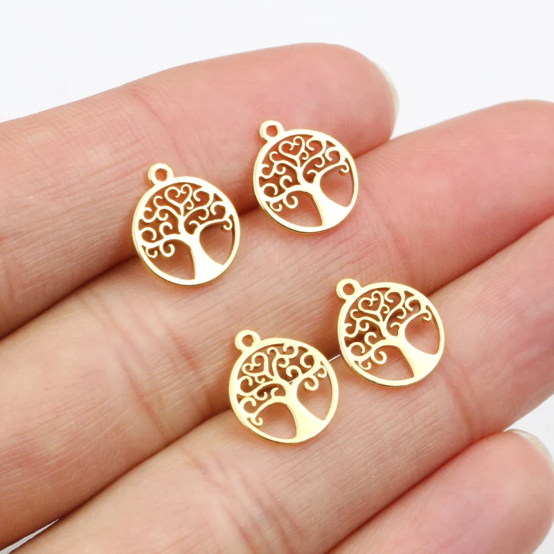 10pcs 12x10mm 316 Stainless Steel Gold Plated Life Tree Small Charms Pendant For Necklace DIY Jewelry Making Findings