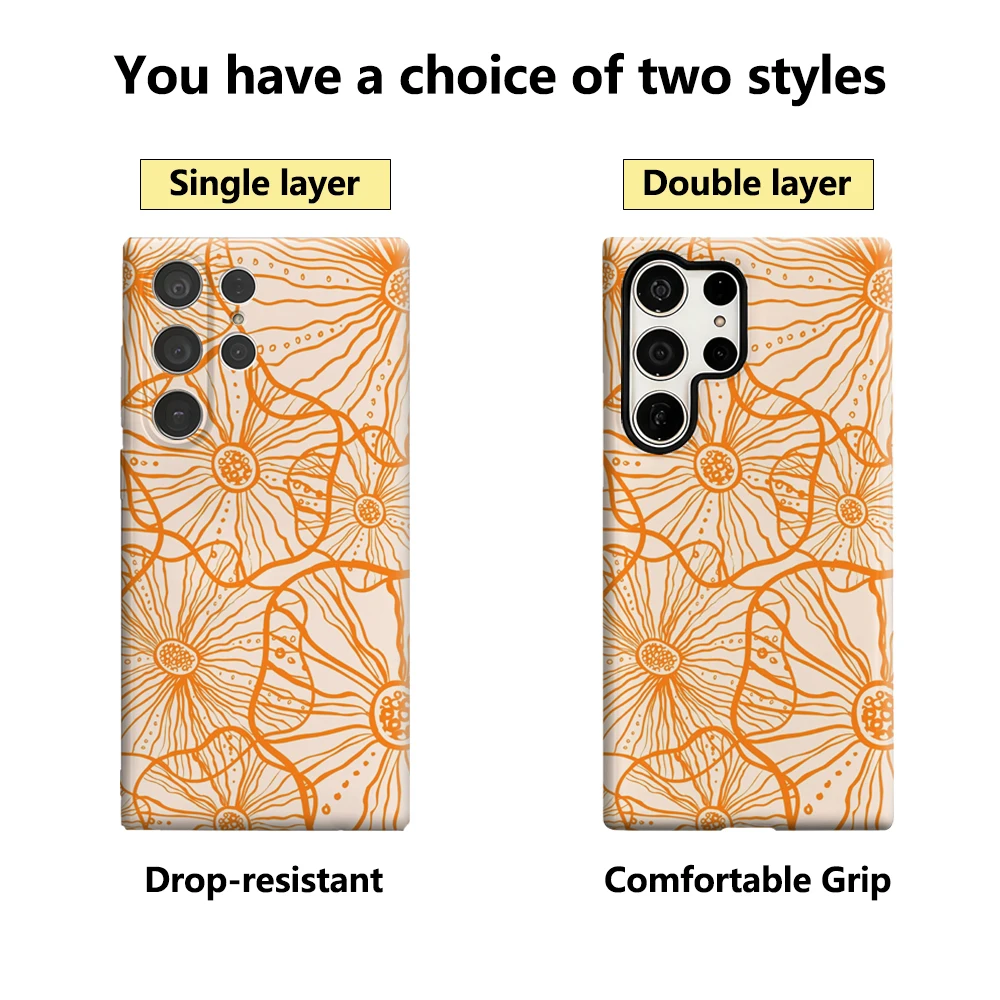 Custodia per telefono floreale arancione per Samsung Galaxy S25 Ultra S24 S23 Ultra Plus Cover posteriore lucida a doppio strato
