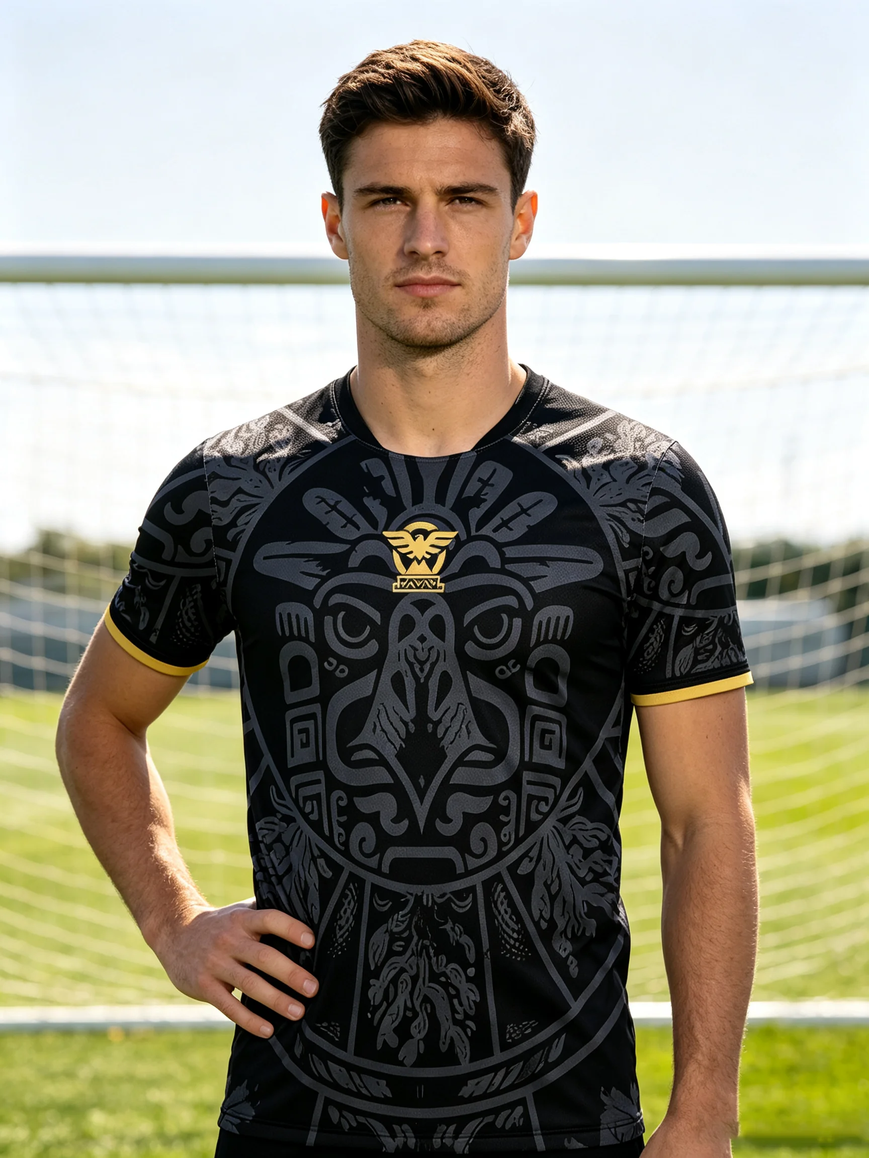 Mexico Aztec totem soccer jersey, black subtle print, gold cuff trim, quick‑dry & breathable, multiple collar styles
