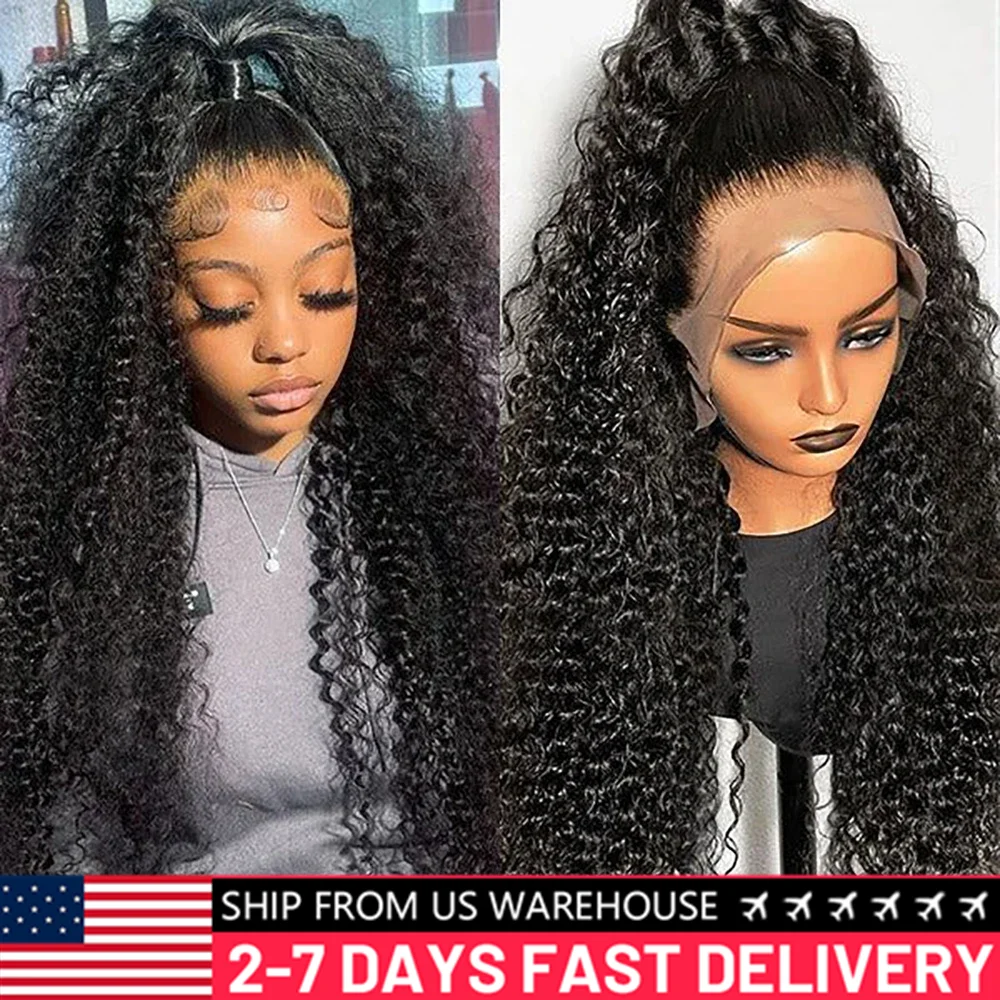 13x4 Deep Wave Lace Front Wig Human Hair 200 Density Transparent Lace Frontal Wig Pre Plucked with Baby Hair Natural Black Color