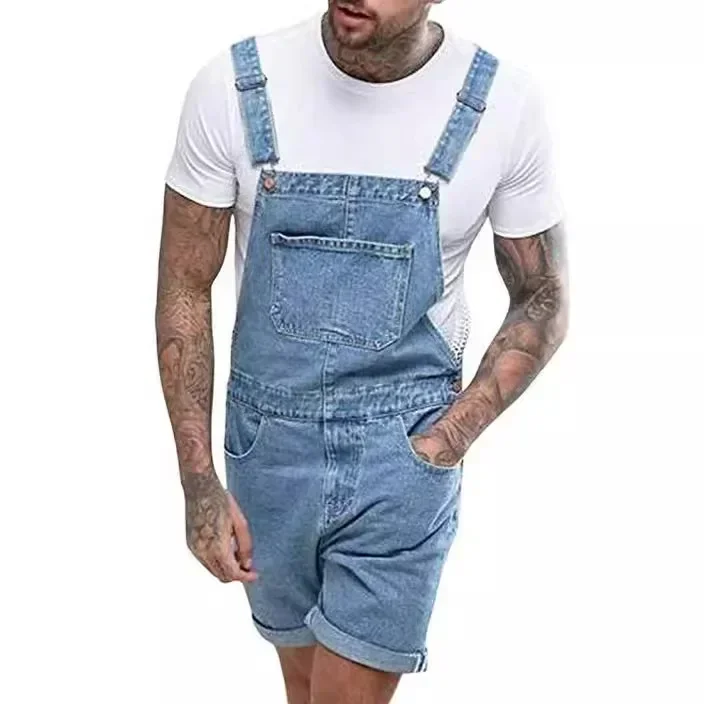 Macacão jeans masculino cintura média macacão de uma peça estilo safari na altura do joelho denim casual sólido bolsos de lavagem novo
