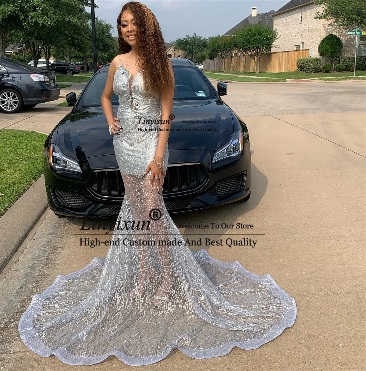 Robe de bal sirène argentée brillante pour filles, effet d'illusion, haut en dentelle, manches longues, robes de soirée formelles Vintage, personnalisées