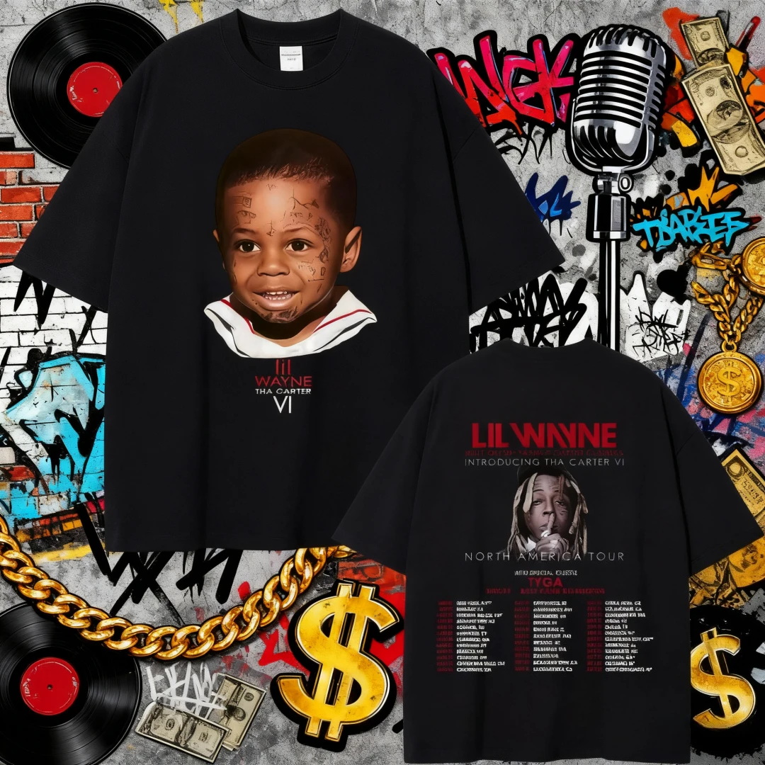 Camiseta gráfica de rapero de verano 2025, camiseta con estampado de cara de Lil Wayne, camiseta de viaje de Tha Carter a América del Norte, Camisa de algodón de moda Hip-hop para hombre