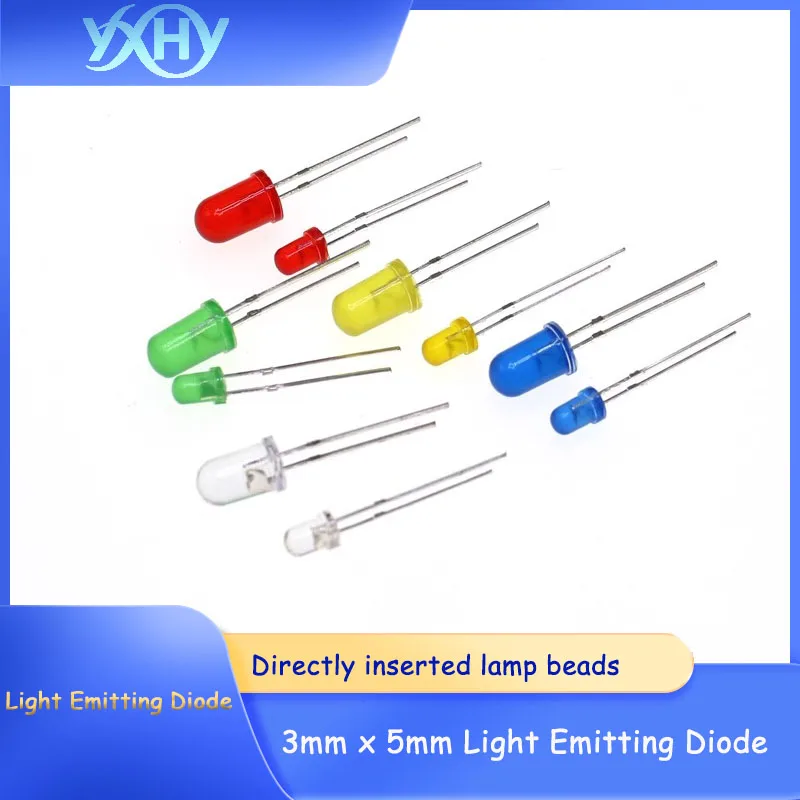 

100pcs 3mm x 5mm Light Emitting Diode (LED) bulb F3 F5 - Red, Green, Yellow, Blue, White - Straight-through test lamp beads