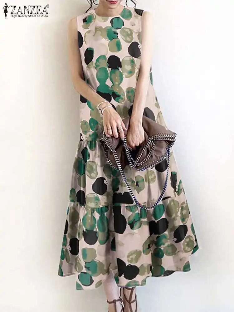 2024 ZANZEA Bohemian Sundress Women Summer Dresses Fashion Casual Ruffles Hem Long Vestido Sleeveless Floral Printed Robe Femme