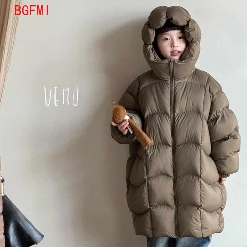 

2025 зимние новые хлопковые длинные куртки на пуху для девочек и мальчиков, повседневное теплое серое длинное пальто с капюшоном, модная верхняя одежда для детей от 7 до 14 лет