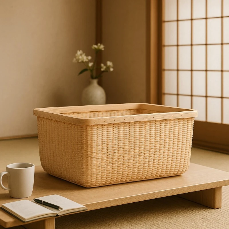 

Rattan Storage Box with Lid, Solid Wood Covered Basket, Natural Seagrass Organizer, Living Room, Kitchen, Bathroom Decor