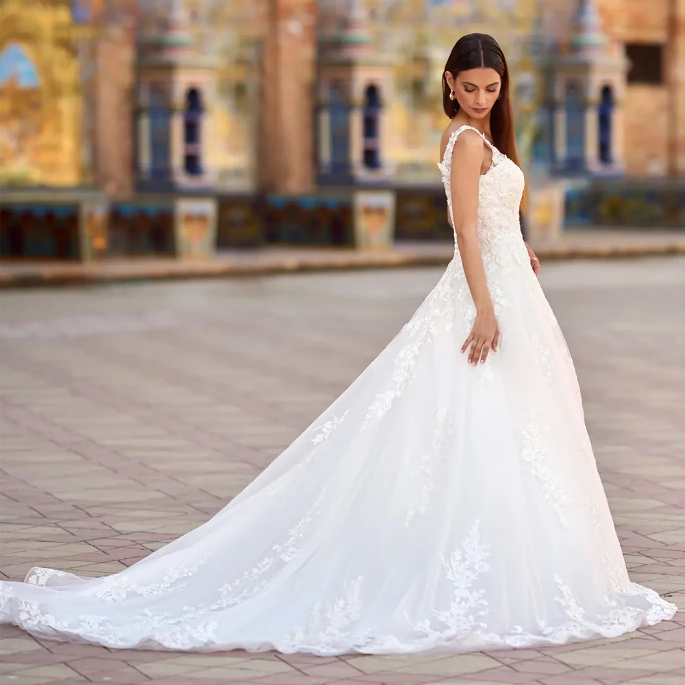 Simple Wide Strap Deep V Neck Wedding Dresses Applique Lace A Line Bridal Grown Customized Open Back Illusion Vestidos De Novia