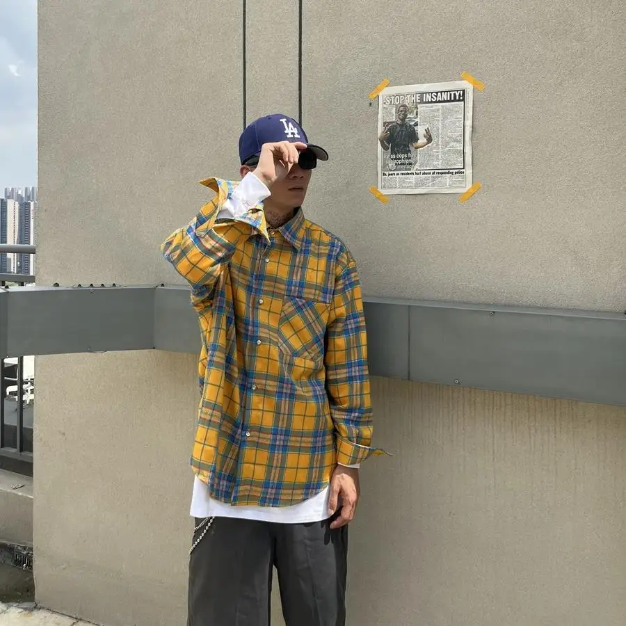 

Autumn Winter Large Size Men's Plaid irt Casual Long Sve Knitted Sweater Couple Street Sle American Retro Yellow id