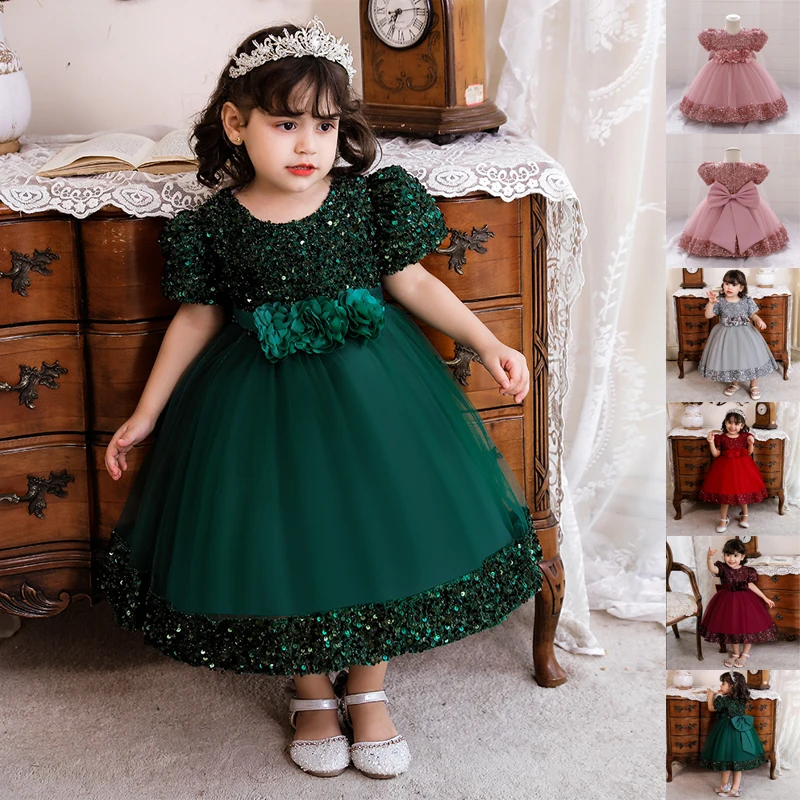 

Baby Girl Baptism Newborn Green Sequin Big Bow Flower Toddler Party Summer Dress Kids Christening Children Princess Ball Gown