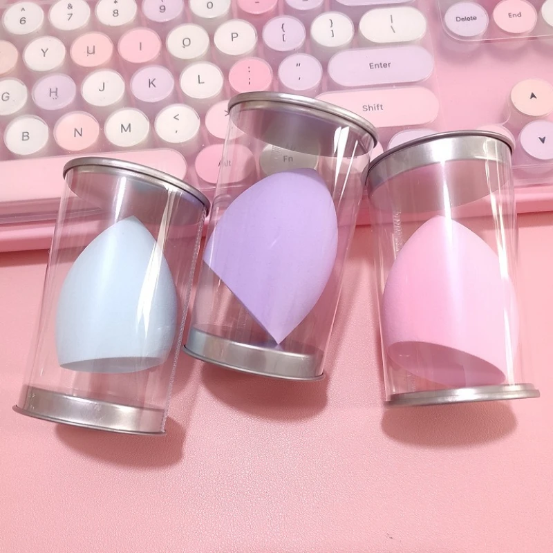 Bucket‑Packed Beauty Sponge Makeup Puff, Individually Wrapped, Portable Clear & Tin Storage Box for Cosmetic Blender Travel Use