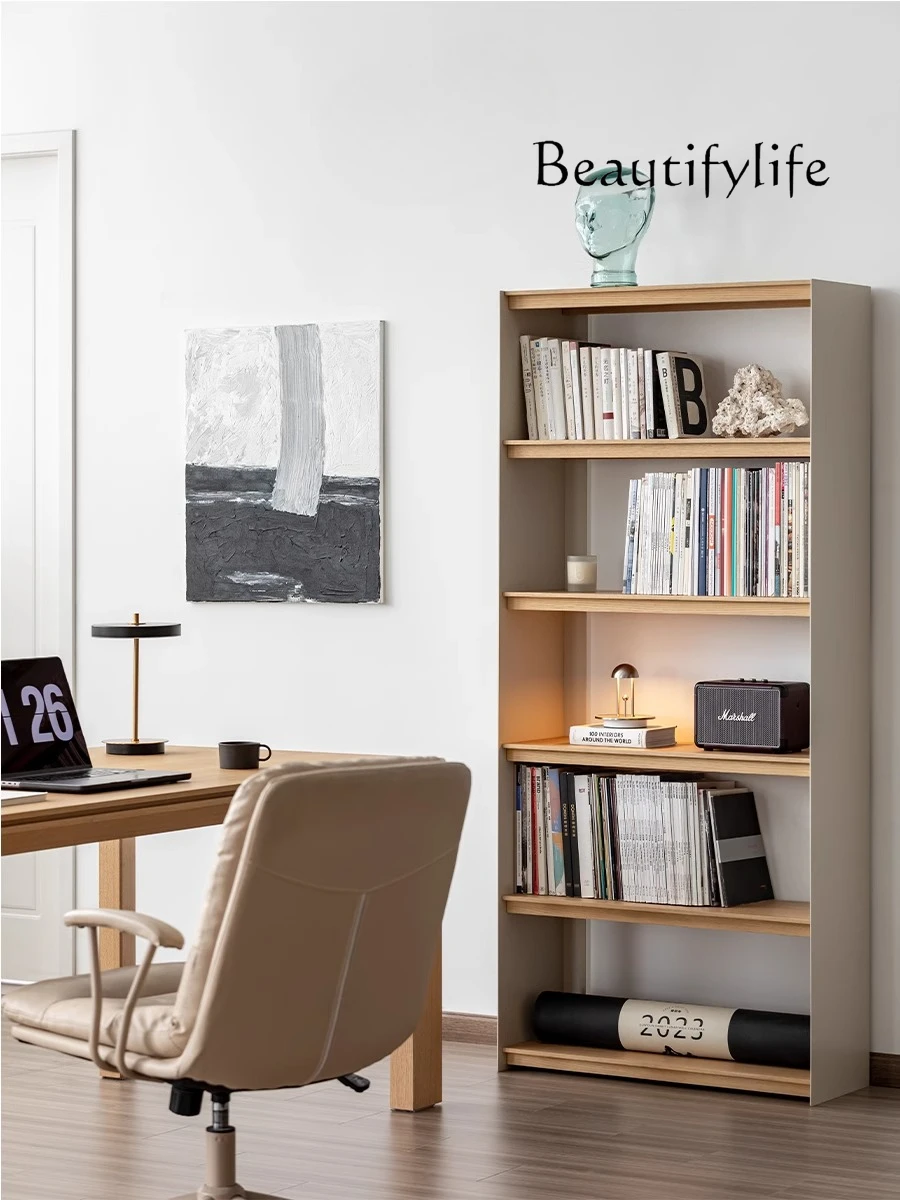 Solid wood bookshelf Floor-to-ceiling shelf Japanese-style log color matching integrated with wall storage book cabinet