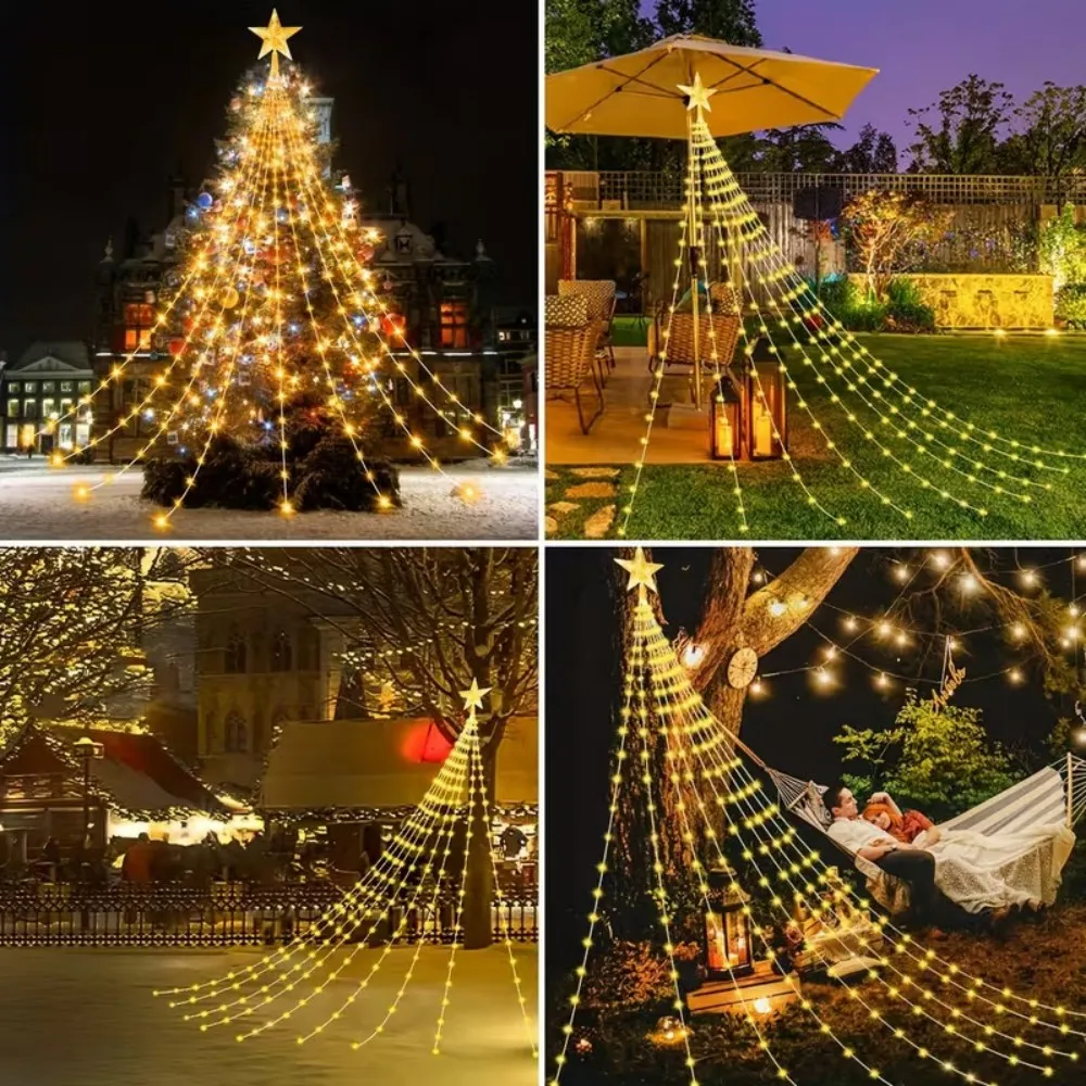 2M192LED/3M282LED Solar LED Star Waterfall Fairy Light String, Outdoor Garden Courtyard Waterproof Christmas Lighting Decoration