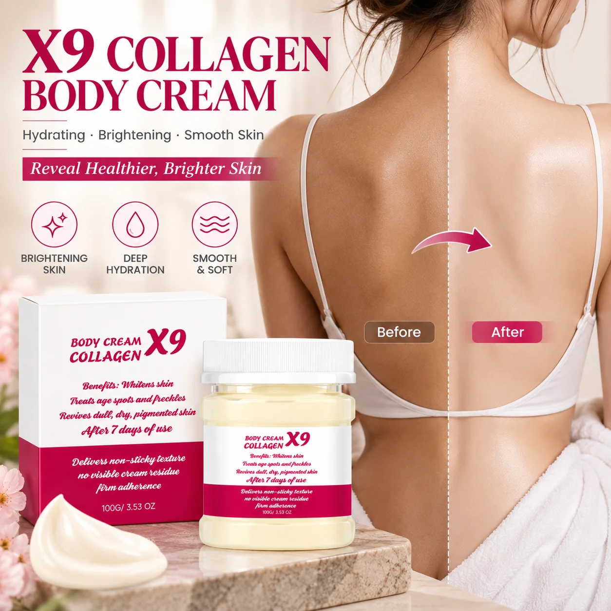X9 Collagen Body Cream Moisturizer Deep Hydration Non-Greasy Brightening Body Lotion Revitalizing Even Skin Tone Daily Skin Care