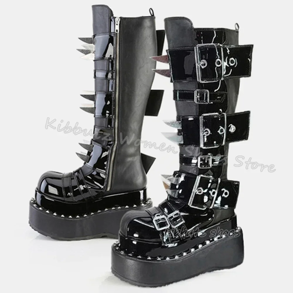 

Gothic Boots Knee High Platform Punk Rock Belt Buckle Novelty Leather Solid Fashion Concise Sexy Women Shoes Thick Bottom Newest