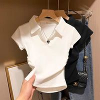 Cotton Summer Sexy Women's T Shirt Skinny Slim Basic Solid Crop Top Short Sleeve Polo TShirtCasual Top Tee for Women