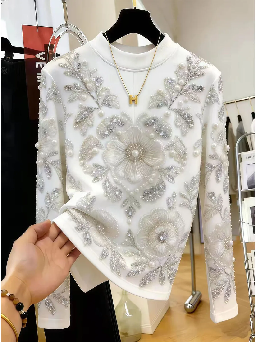 Fashionable Long Sleeve T-Shirt Beautiful Glittering Nail Beads Women's Premium Feeling Autumn Wear Korean Style Loose Fit