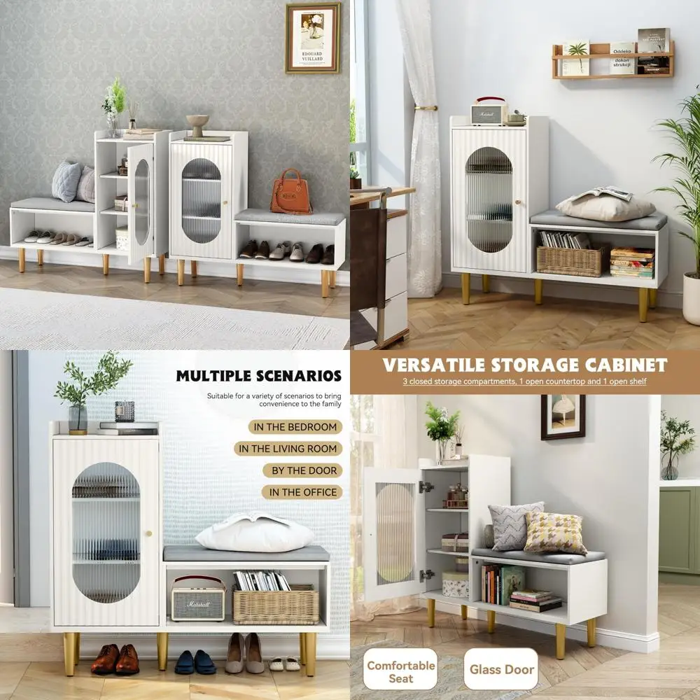 

Современный белый шкаф для обуви со стеклянной дверью и L-образной скамейкой для хранения вещей, мягкая мебель для прихожей