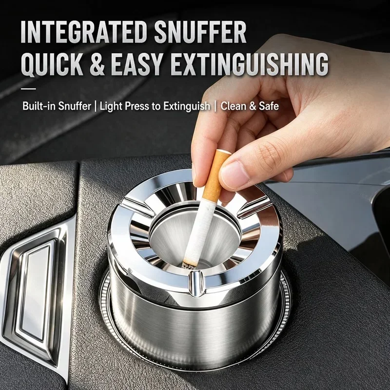 Stainless Steel Car Ashtray with Lid Mechanical Rotating Aperture Lid High Flame Retardant Holder Ashtray Car Home Universal