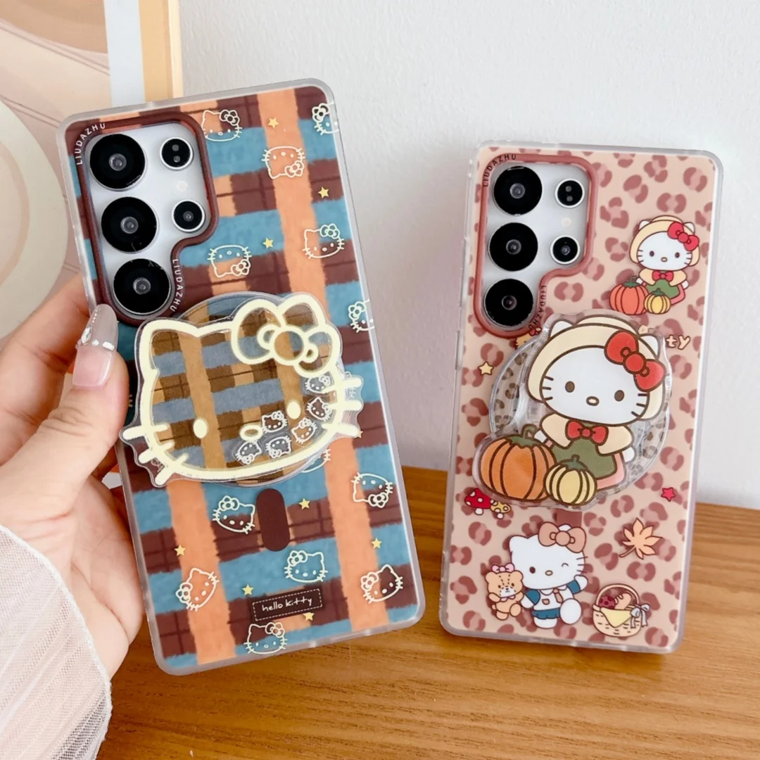 Plaid Leopard Print Sanrio Hello Kitty Magnetic Stand Case For Samsung Galaxy S26 S25 S24 S23 Ultra For Magsafe Silicone Cover