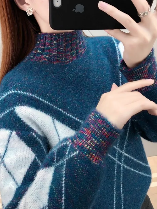 Women's Knitted Sweater Loose Fit Half High Collar Autumn Winter Color Block Base Layer Shirt Commute Style Korean Version